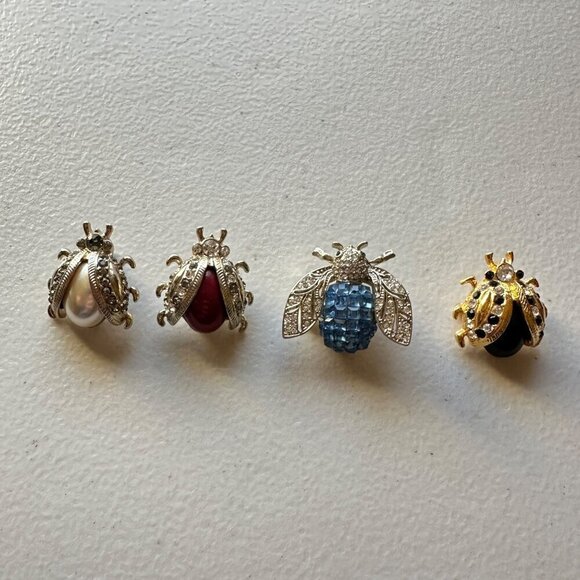 Rhinestone Fly Beatle Bug Hat Scarf Pins Lapel Clips Set of 4 Art to Wear Boho - Picture 12 of 12